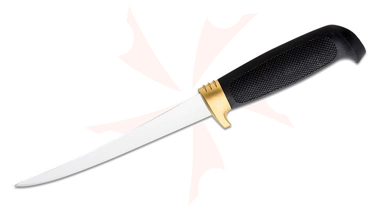 Marttiini Condor Golden Fillet Knife 6 inch Satin Blade, Textured Black Rubber Handles with Golden Ferrule, Black Leather Sheath