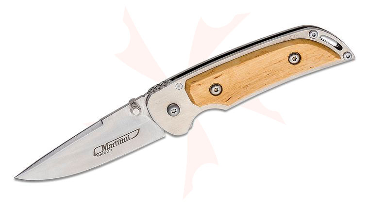 Marttiini MFK-2CB Folding Knife 3.125 inch Satin Clip Point Blade, Stainless Steel Handle with Curly Birch Onlays