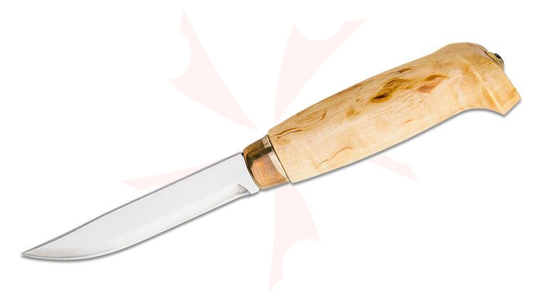 Marttiini Lynx 121 Hunting Knife 3.54 inch Fixed Plain Blade, Curly Birch Handle, Leather Sheath