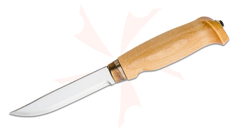 Marttiini Traditional Lynx 129 4.25 inch Fixed Plain Blade, Varnished Curly Birch Handle, Leather Sheath
