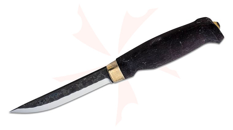 Marttiini Lynx Hunting Knife Fixed 4.25 inch Two-Tone Blade, Black Birch Wood Handle, Black Leather Sheath