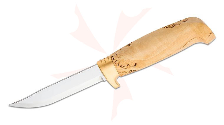 Marttiini Golden Lynx Hunting Knife 4.125 inch Fixed Plain Blade, Curly Birch Handle, Tan Leather Sheath