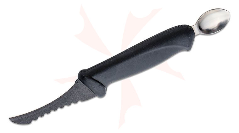 Marttiini Fish Cleaner Fixed 4 inch Serrated Curved Blade, Black Textured Rubber Handle with Metal Scoop, Black Sheath