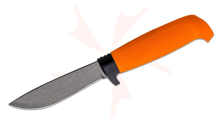 Marttiini Skinning Knife Fixed 4 inch Black Martef Coated Blade, Orange Rubber Handle, Black Leather Sheath