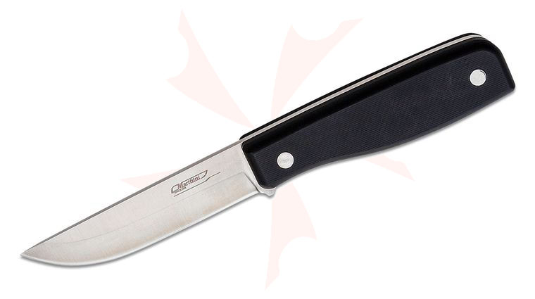 Marttiini MFT Fixed 4 inch Satin Drop Point Blade, Black G10 Handle, Black Leather Sheath