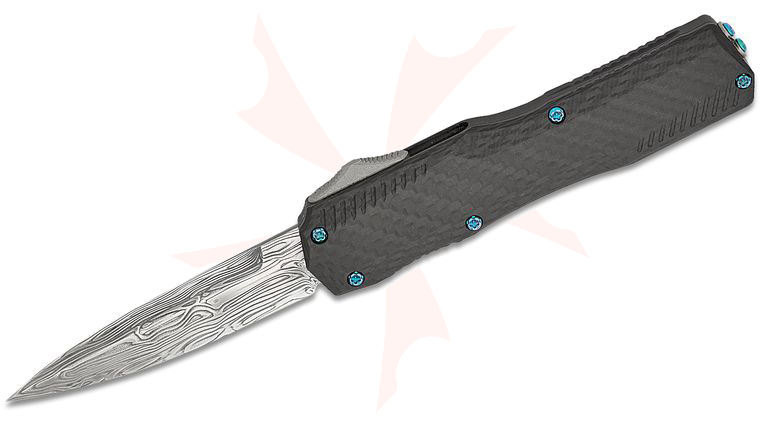 Matt Diskin Custom Livewire OTF AUTO Knife 3.35 inch Sparse Twist Damasteel Double Edge Bayonet Blade, Black Aluminum Handles with Carbon Fiber Top, Reversible Damasteel Clip