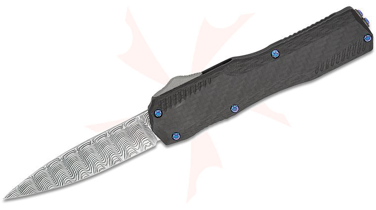Matt Diskin Custom Livewire OTF AUTO Knife 3.35 inch Hugin Damasteel Drop Point Blade, Black Aluminum Handles with Carbon Fiber Top, Reversible Damasteel Clip