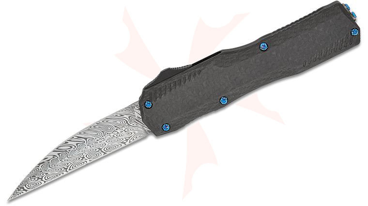 Matt Diskin Custom Livewire OTF AUTO Knife 3.35 inch Fafnir Damasteel Wharncliffe Blade, Black Aluminum Handles with Carbon Fiber Top, Reversible Damasteel Clip