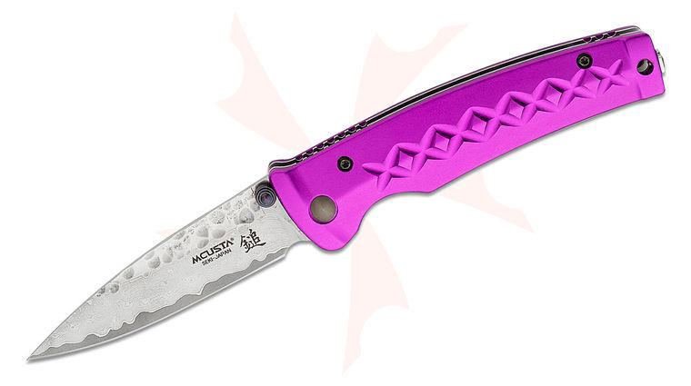 Mcusta MC-162D Fusion Folding Knife 3.37 inch VG-10 Damascus Drop Point Blade, Purple Aluminum Handles