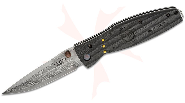 Mcusta MC-181D Sengoku Oda Nobunaga Folding Knife 3.62 inch VG-10 Damascus Drop Point Blade, Black Micarta Handles