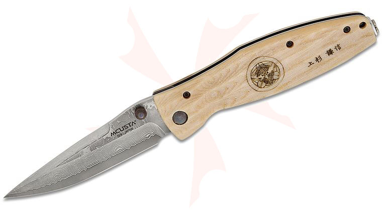 Mcusta MC-185D Sengoku Uesugi Kenshin Folding Knife 3.62 inch VG-10 Damascus Drop Point Blade, White Micarta Handles