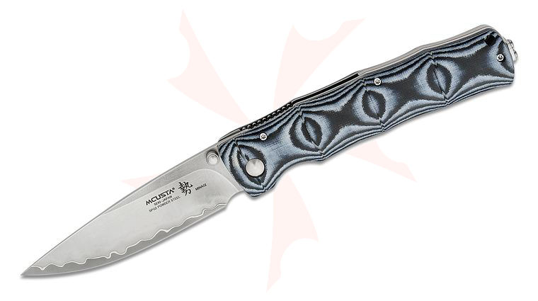 Mcusta MC-201G Shinra Maxima Minagi Folding Knife 3.70 inch SPG2 San Mai Drop Point Blade, Blue and Black Micarta Handles