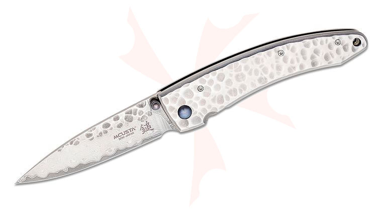 Mcusta MC-114D Forge Large Tsuchi Folding Knife 3.5 inch VG-10 Damascus Drop Point Blade, Hammered Stainless Steel Handles