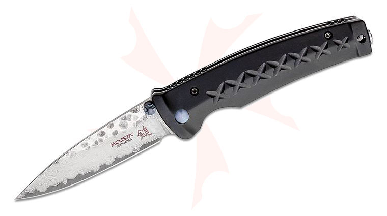 Mcusta MC-161D Fusion Folding Knife 3.37 inch VG-10 Damascus Drop Point Blade, Black Aluminum Handles