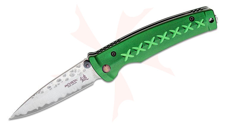 Mcusta MC-163D Fusion Folding Knife 3.37 inch VG-10 Damascus Drop Point Blade, Green Aluminum Handles