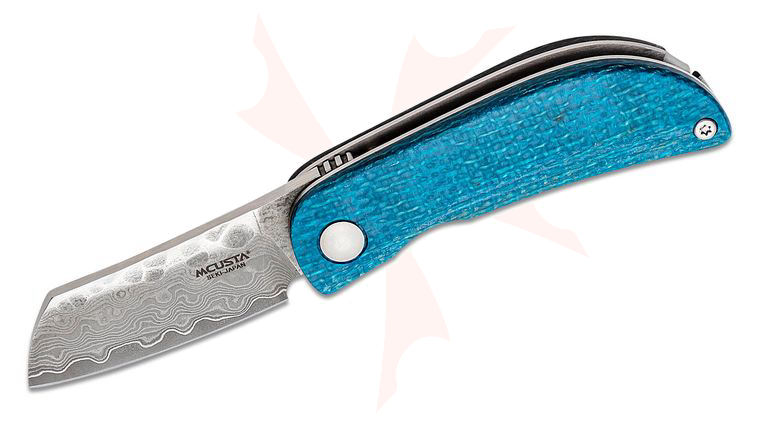 Mcusta MC-212D Petit Front Flipper Knife 1.88 inch VG10 Damascus Sheepsfoot Blade, Blue/Black Micarta Handles