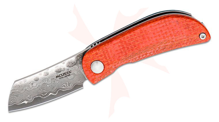 Mcusta MC-213D Petit Front Flipper Knife 1.88 inch VG10 Damascus Sheepsfoot Blade, Orange/Blue Micarta Handles