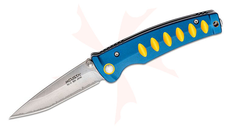 Mcusta MC-42C Katana Folding Knife 3.5 inch Laminated VG-10 Modified Tanto Blade, Blue and Orange Aluminum Handles
