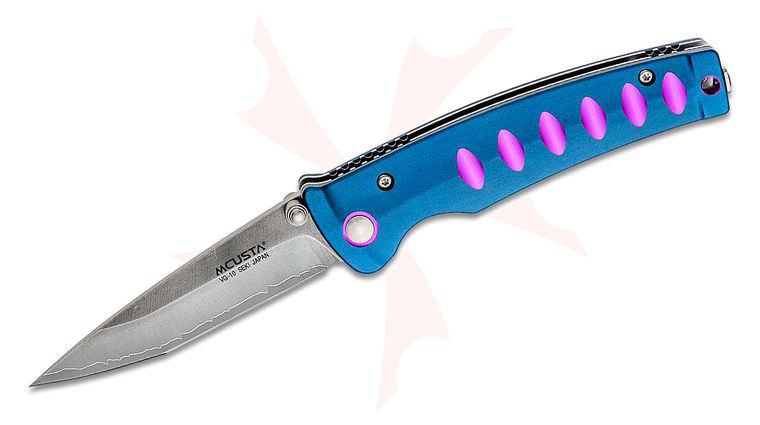 Mcusta MC-43C Katana Folding Knife 3.5 inch Laminated VG-10 Modified Tanto Blade, Blue and Purple Aluminum Handles