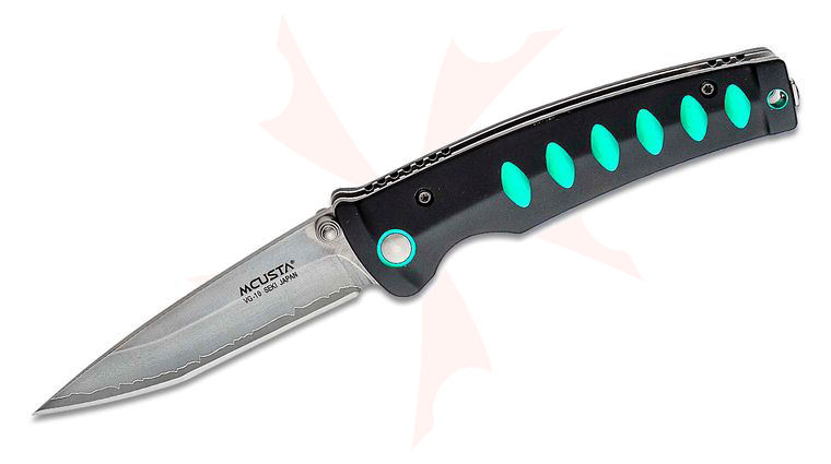 Mcusta MC-44C Katana Folding Knife 3.5 inch Laminated VG-10 Modified Tanto Blade, Black and Green Aluminum Handles