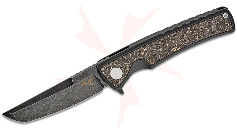 Mechforce Kilby Collab Shard Integral Frame Lock Flipper Knife 3.375 inch M390 Black PVD Stonewashed Japanese Tanto Blade, Black PVD Integral Titanium Handle with Copper Foil Carbon Fiber Inlays