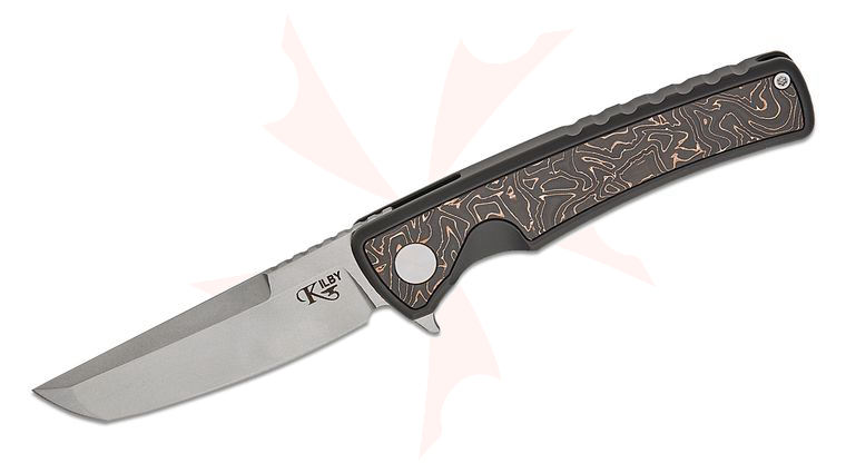 Mechforce Kilby Collab Shard Integral Frame Lock Flipper Knife 3.375 inch M390 Stonewashed Japanese Tanto Blade, Black PVD Integral Titanium Handle with Copper Foil Carbon Fiber Inlays