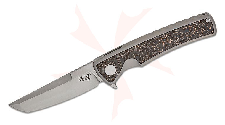 Mechforce Kilby Collab Shard Integral Frame Lock Flipper Knife 3.375 inch M390 Stonewashed Japanese Tanto Blade, Glass Bead Blasted Integral Titanium Handle with Copper Foil Carbon Fiber Inlays
