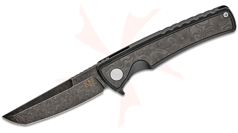 Mechforce Kilby Collab Shard Integral Frame Lock Flipper Knife 3.375 inch M390 Black PVD Stonewashed Japanese Tanto Blade, Black PVD Integral Titanium Handle with Black Dunes FatCarbon Inlays