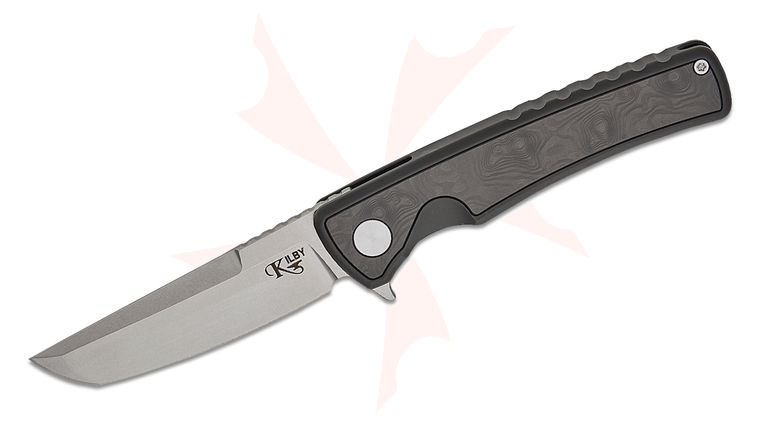 Mechforce Kilby Collab Shard Integral Frame Lock Flipper Knife 3.375 inch M390 Stonewashed Japanese Tanto Blade, Black PVD Integral Titanium Handle with Black Dunes FatCarbon Inlays