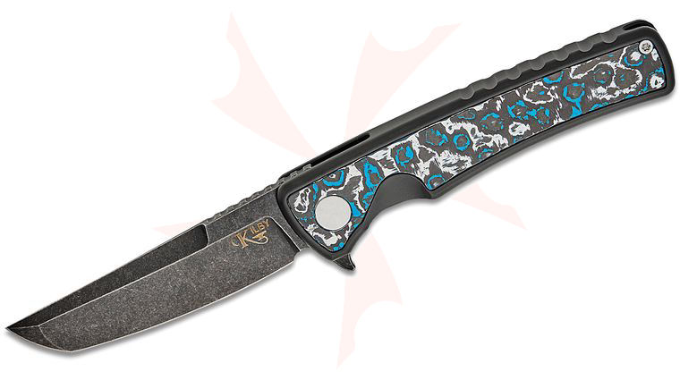Mechforce Kilby Collab Shard Integral Frame Lock Flipper Knife 3.375 inch M390 Black PVD Stonewashed Japanese Tanto Blade, Black PVD Integral Titanium Handle with Frost FatCarbon Inlays