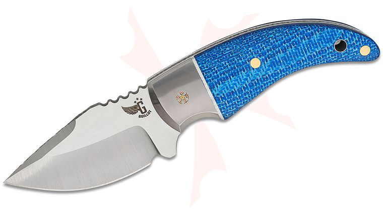 Mechforce Guillot Collab Kestrel Fixed Blade Knife 3.125 inch M390 Satin Drop Point Blade, Blue Carbon Fiber Handles with Titanium Bolsters and White G10 Liners, Leather Sheath