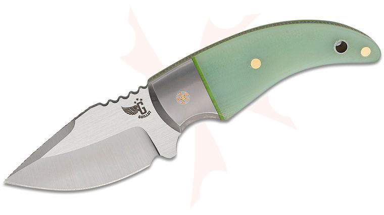 Mechforce Guillot Collab Kestrel Fixed Blade Knife 3.125 inch M390 Satin Drop Point Blade, Jade G10 Handles with Titanium Bolsters and Green G10 Liners, Leather Sheath