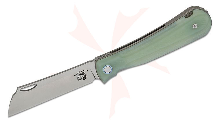 Mechforce Rick Lala Collab Caipira Liner Lock Traditional Front Flipper Knife 3.25 inch M390 Two-Tone Modified Sheepsfoot Blade, Milled Jade (Natural) G10 Handles
