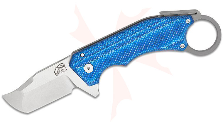 Mechforce Jon Graham Collab Ringed Rhino Flipper Knife 2.5 inch M390 Compound Tanto Blade, Blue Twill Carbon Fiber and Glass Blasted Titanium Handles with Pinky Ring