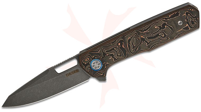 Mechforce Jared Oeser Collab Nebo V2 Liner Lock Flipper Knife 3 inch Elmax Acid Washed Reverse Tanto Blade, Copper Carbon Fiber Handles