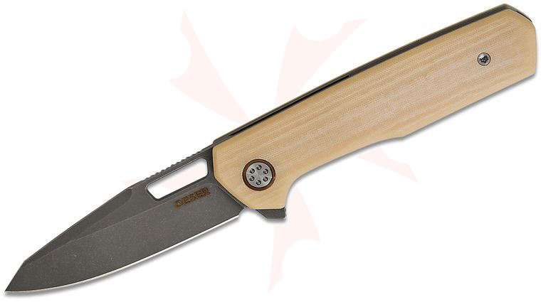 Mechforce Jared Oeser Collab Nebo V2 Liner Lock Flipper Knife 3 inch Elmax Acid Washed Reverse Tanto Blade, Antique Linen Micarta Handles