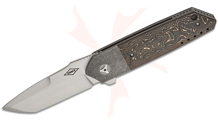 Mechforce Peter Carey Collab Roadster Bolster Lock Flipper Knife 3.25 inch M390 Hand Rubbed Satin Tanto Blade, Bolstered Titanium Handles with Copper Carbon Fiber Scales