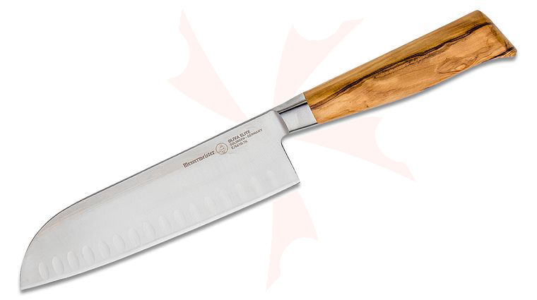 Messermeister Oliva Elite 7 inch Kullenschliff Santoku Knife, Olive Wood Handle