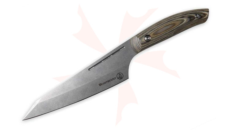 Messermeister April Bloomfield Carbon Chef's Knife 6.5 inch K110 Stonewashed Reverse Tanto Blade, Stabilized Wood Handles