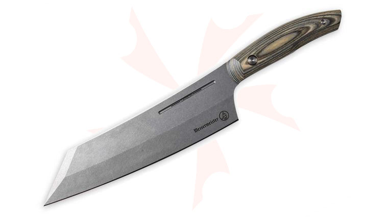 Messermeister Carbon Bunka Chef's Knife 8 inch K110 Stonewashed Reverse Tanto Blade, Stabilized Wood Handles