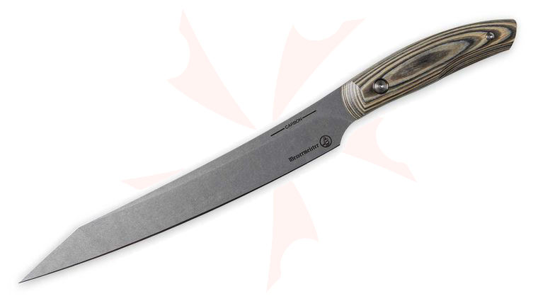 Messermeister Carbon Slicing Knife 9 inch K110 Stonewashed Reverse Tanto Blade, Stabilized Wood Handles