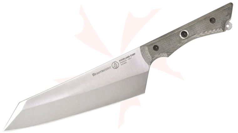 Messermeister Overland Camp Chef's Knife 8 inch Nitro Cobalt Reverse Tanto Blade, Army Green Canvas Micarta Handles, No Sheath