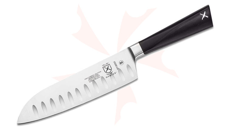 Mercer Cutlery ZuM 7 inch Granton Edge Santoku Knife, Black Delrin Handles