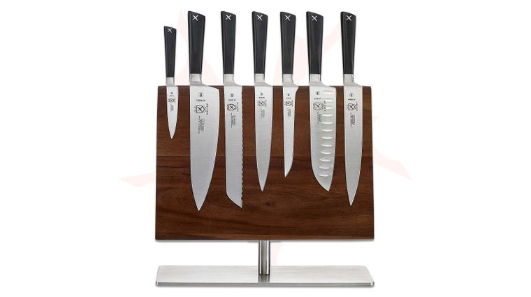 Mercer Cutlery ZuM 8 Piece Kitchen Knife Acacia Wood Magnetic Board Set, Black Delrin Handles