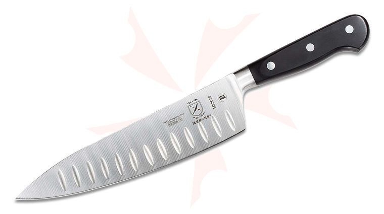 Mercer Cutlery Renaissance 8 inch Granton Edge Chef's knife, Black Delrin Handles