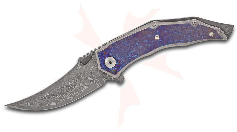 Kurt Merriken Custom  inchExcision inch Prototype Flipper Knife 3.375 inch Vegas Forge Random Damascus Blade, Timascus Handles, Carboquartz Spacer and Clip