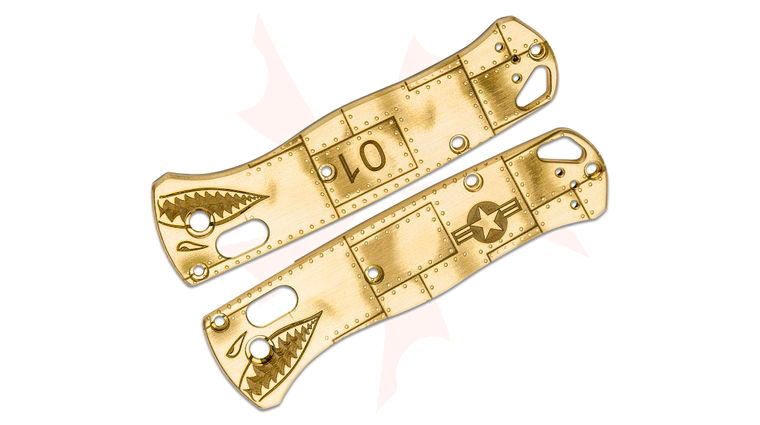 MetonBoss Brass Benchmade 535 Bugout Scales, P40 Riveted Aeroplane Engraved, Knife Not Included