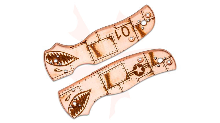 MetonBoss Copper Spyderco Shaman Scales, P40 Riveted Aeroplane Engraved, Knife Not Included