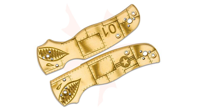MetonBoss Brass Spyderco Shaman Scales, P40 Riveted Aeroplane Engraved, Knife Not Included