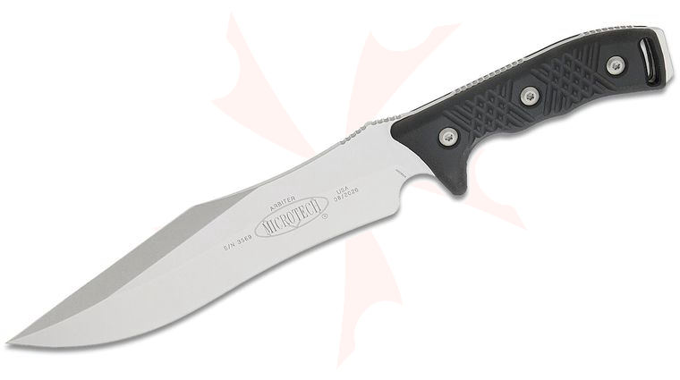 Microtech 104-10 Arbiter Fixed Blade Knife 9 inch Stonewashed Double Edge Recurve Clip Point Blade, Milled Black G10 Handles, Kydex Sheath